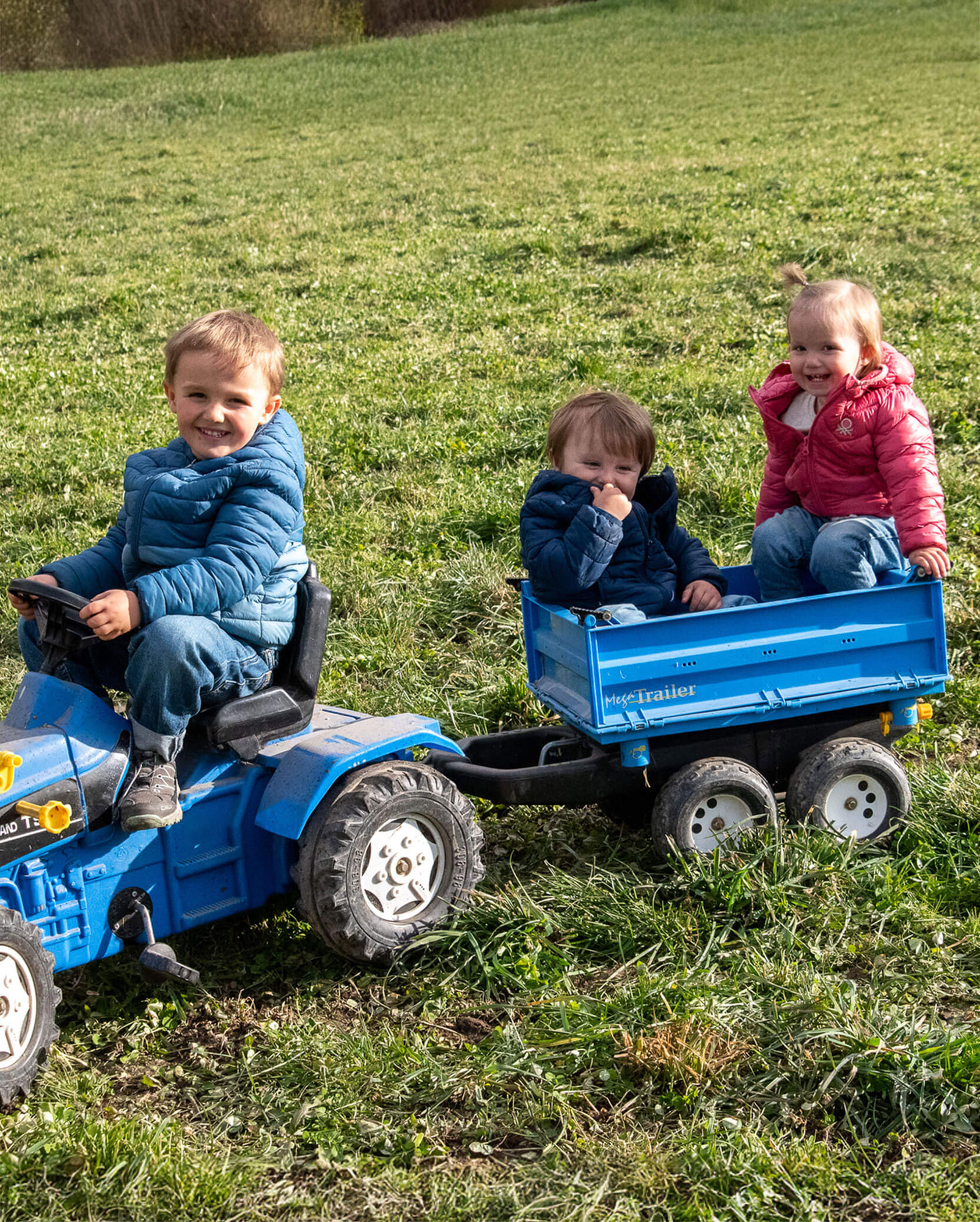 Three young children ride a blue toy tractor and trailer on a grassy field, smiling and playing together. - Kerschbaumerhof